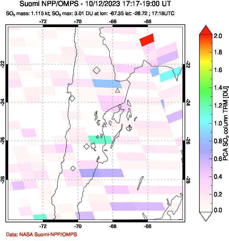 A sulfur dioxide image over Northern Chile on Oct 12, 2023.