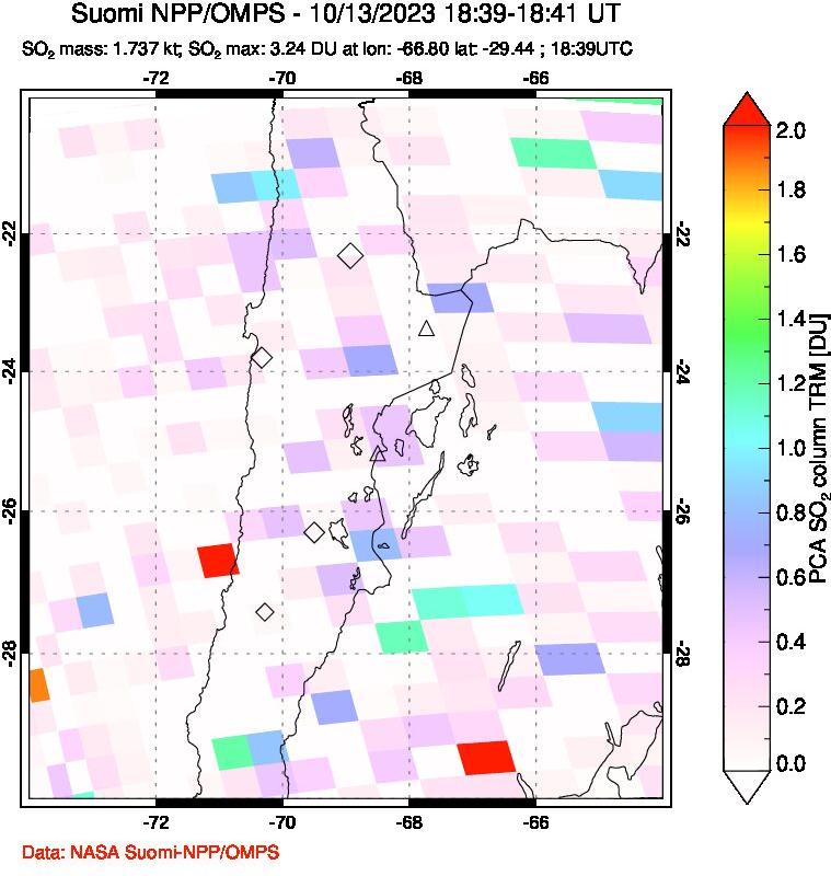 A sulfur dioxide image over Northern Chile on Oct 13, 2023.