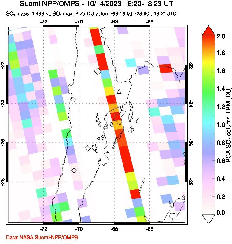 A sulfur dioxide image over Northern Chile on Oct 14, 2023.