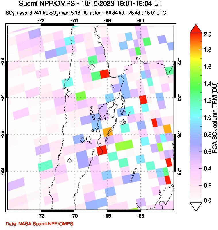 A sulfur dioxide image over Northern Chile on Oct 15, 2023.