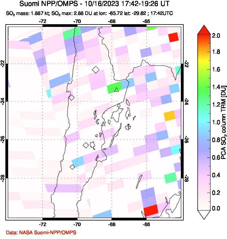 A sulfur dioxide image over Northern Chile on Oct 16, 2023.