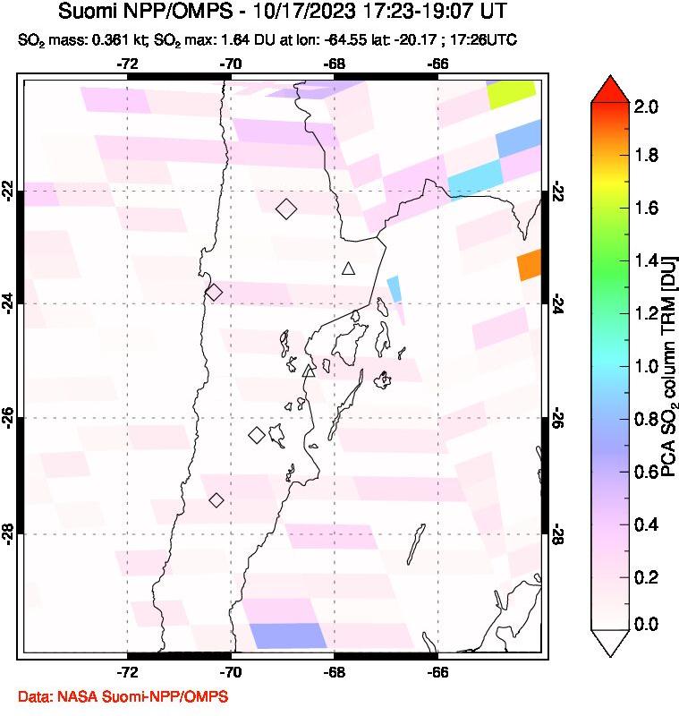 A sulfur dioxide image over Northern Chile on Oct 17, 2023.