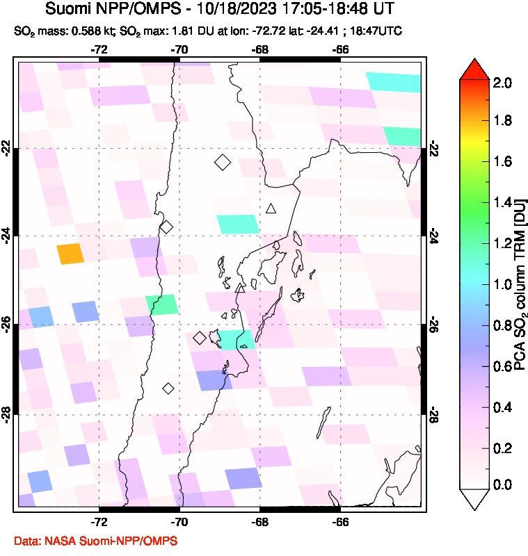 A sulfur dioxide image over Northern Chile on Oct 18, 2023.