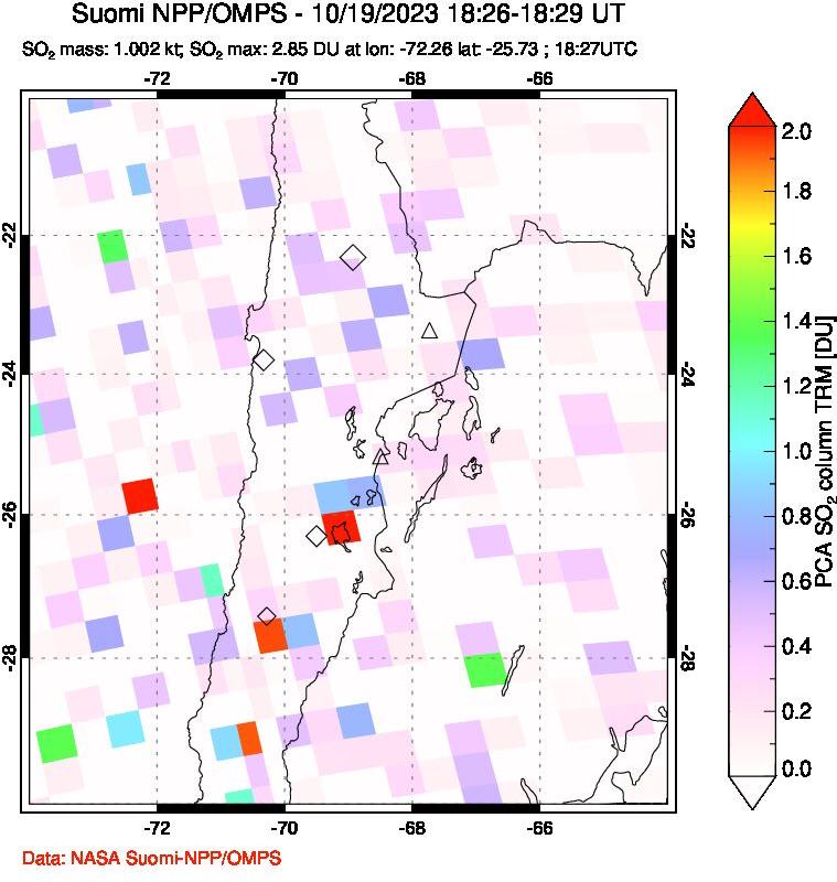 A sulfur dioxide image over Northern Chile on Oct 19, 2023.