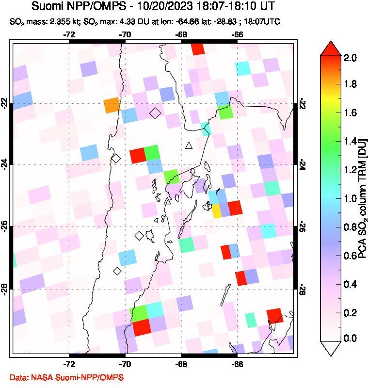 A sulfur dioxide image over Northern Chile on Oct 20, 2023.