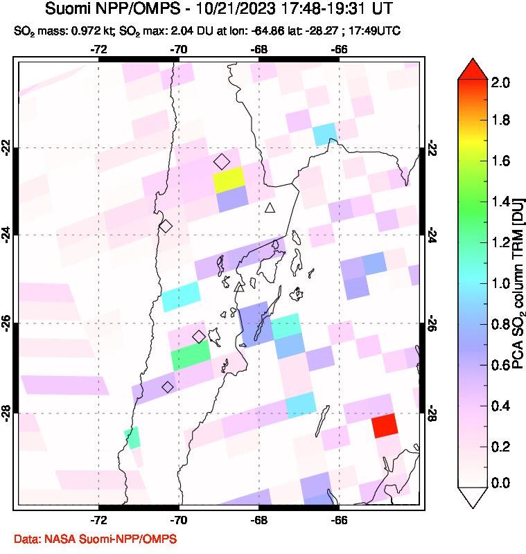 A sulfur dioxide image over Northern Chile on Oct 21, 2023.