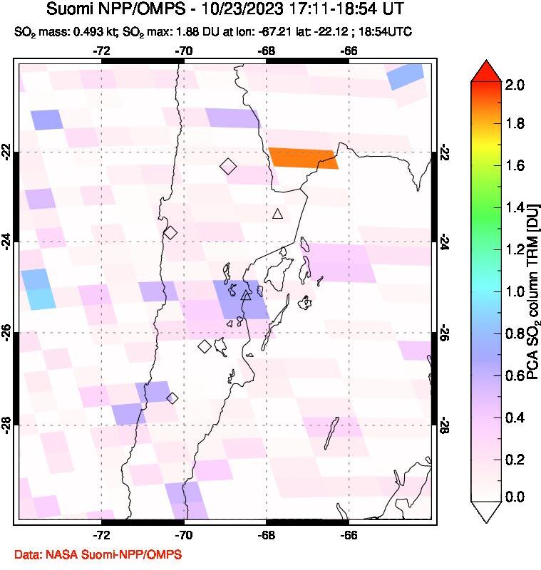 A sulfur dioxide image over Northern Chile on Oct 23, 2023.