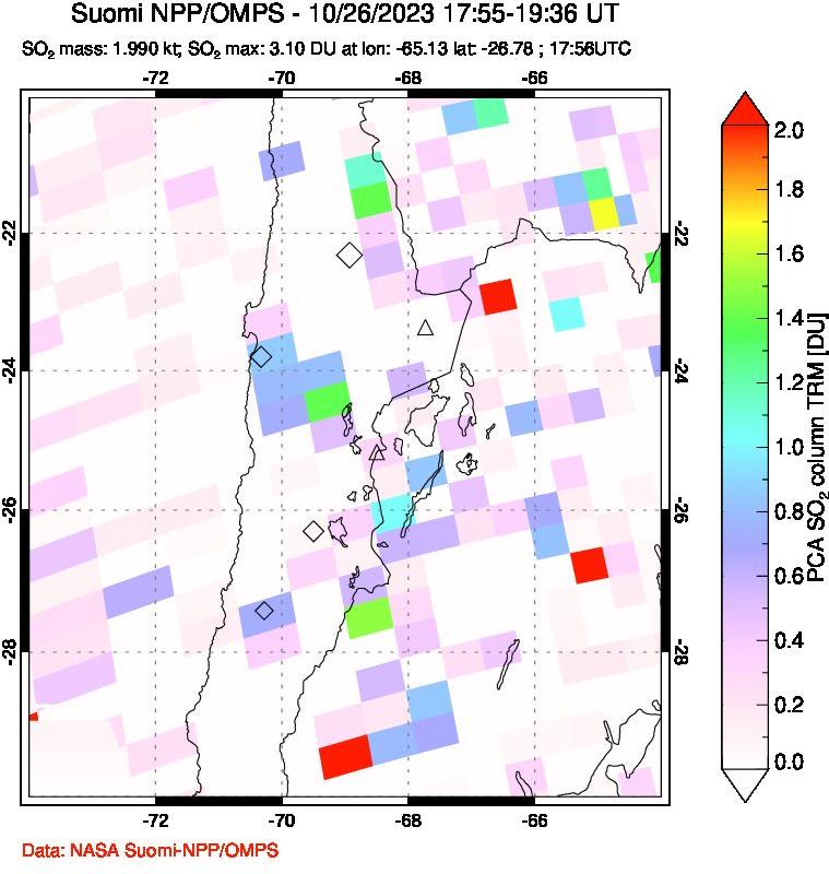 A sulfur dioxide image over Northern Chile on Oct 26, 2023.