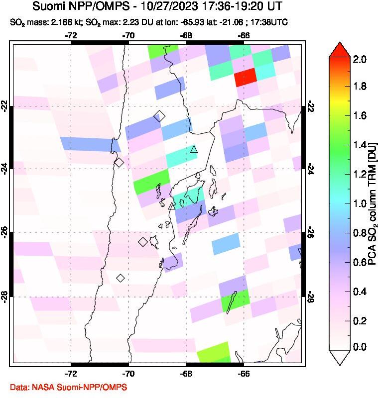 A sulfur dioxide image over Northern Chile on Oct 27, 2023.