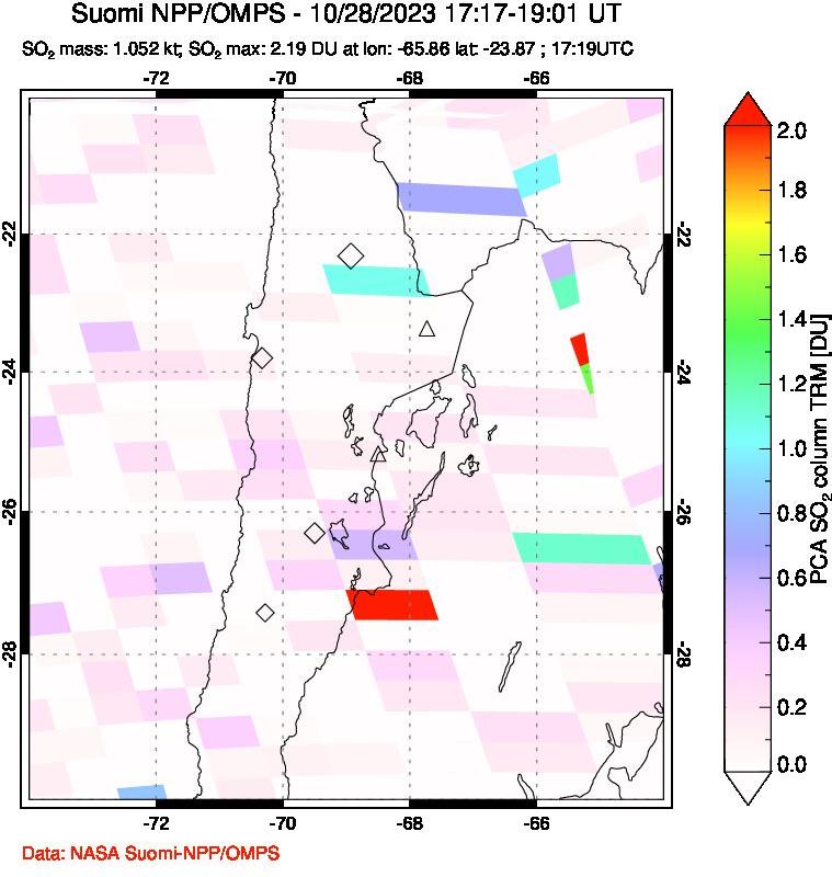 A sulfur dioxide image over Northern Chile on Oct 28, 2023.