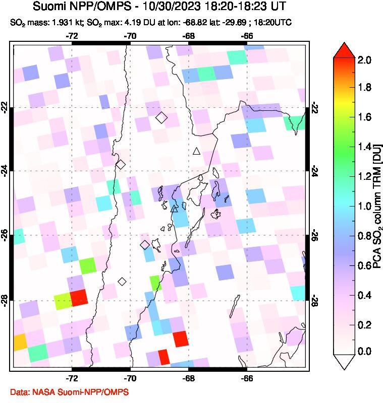 A sulfur dioxide image over Northern Chile on Oct 30, 2023.