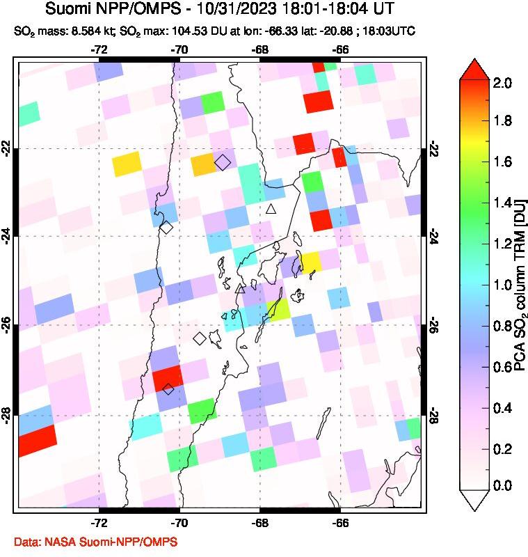 A sulfur dioxide image over Northern Chile on Oct 31, 2023.