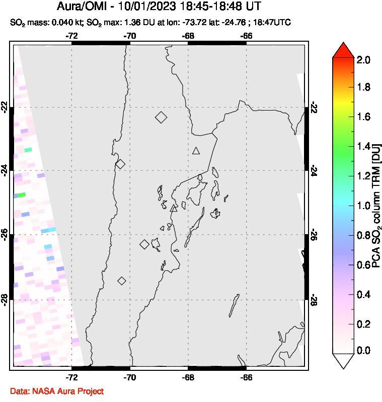 A sulfur dioxide image over Northern Chile on Oct 01, 2023.