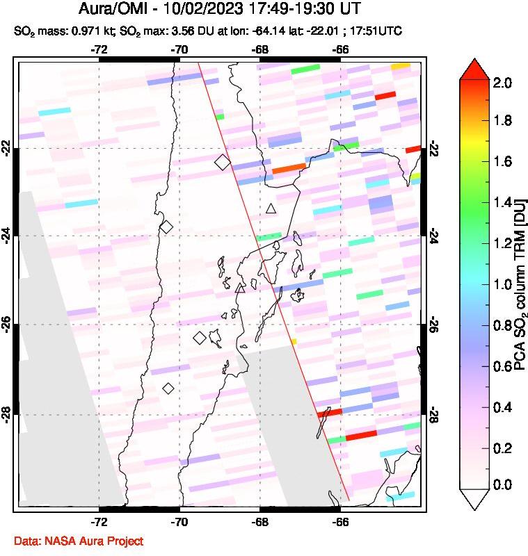 A sulfur dioxide image over Northern Chile on Oct 02, 2023.