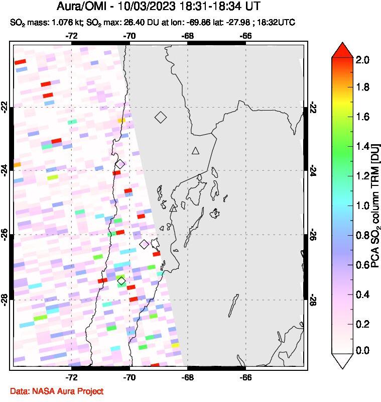 A sulfur dioxide image over Northern Chile on Oct 03, 2023.