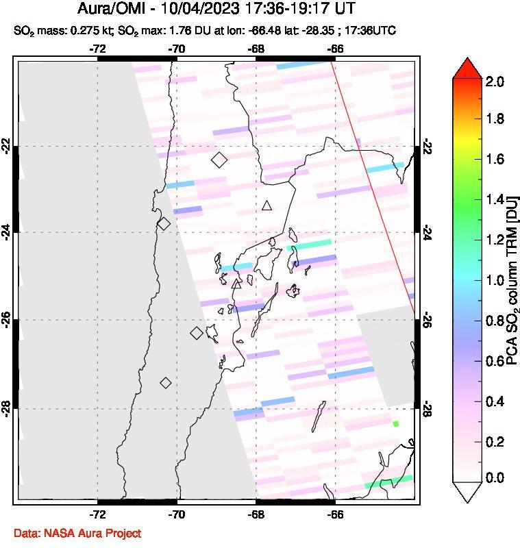 A sulfur dioxide image over Northern Chile on Oct 04, 2023.