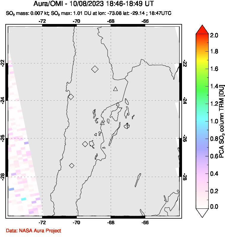 A sulfur dioxide image over Northern Chile on Oct 08, 2023.