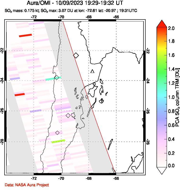 A sulfur dioxide image over Northern Chile on Oct 09, 2023.