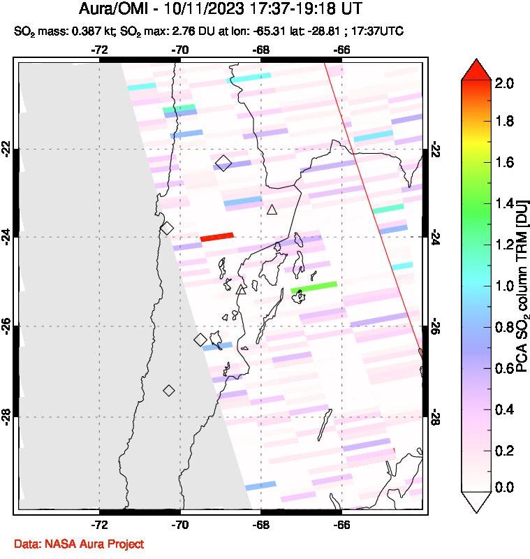 A sulfur dioxide image over Northern Chile on Oct 11, 2023.