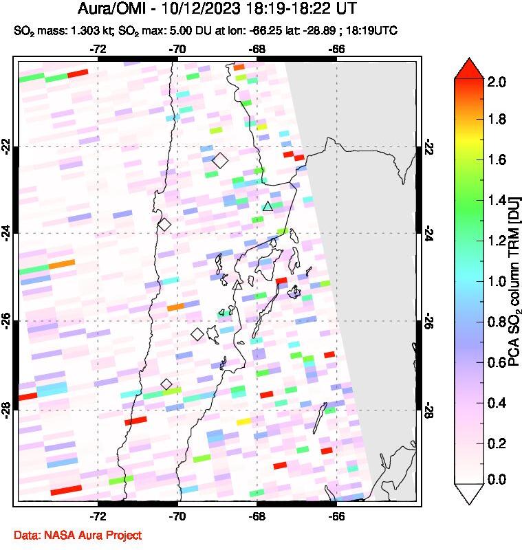 A sulfur dioxide image over Northern Chile on Oct 12, 2023.