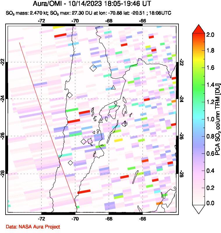 A sulfur dioxide image over Northern Chile on Oct 14, 2023.