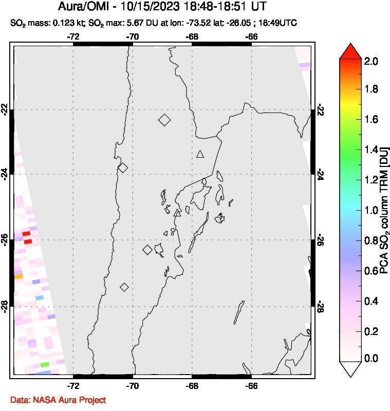 A sulfur dioxide image over Northern Chile on Oct 15, 2023.