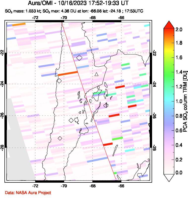 A sulfur dioxide image over Northern Chile on Oct 16, 2023.