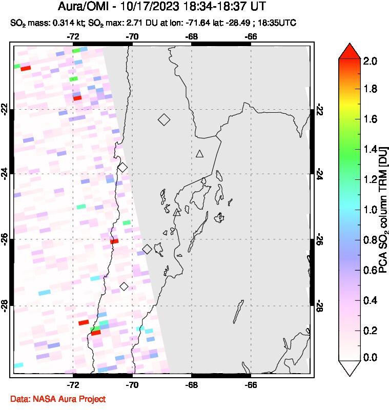 A sulfur dioxide image over Northern Chile on Oct 17, 2023.