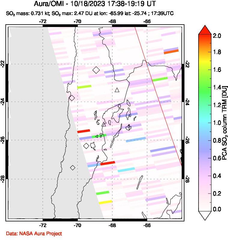 A sulfur dioxide image over Northern Chile on Oct 18, 2023.