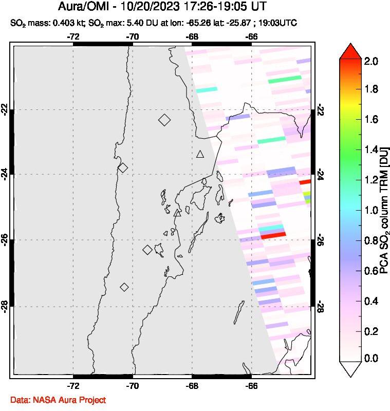 A sulfur dioxide image over Northern Chile on Oct 20, 2023.