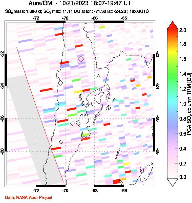 A sulfur dioxide image over Northern Chile on Oct 21, 2023.