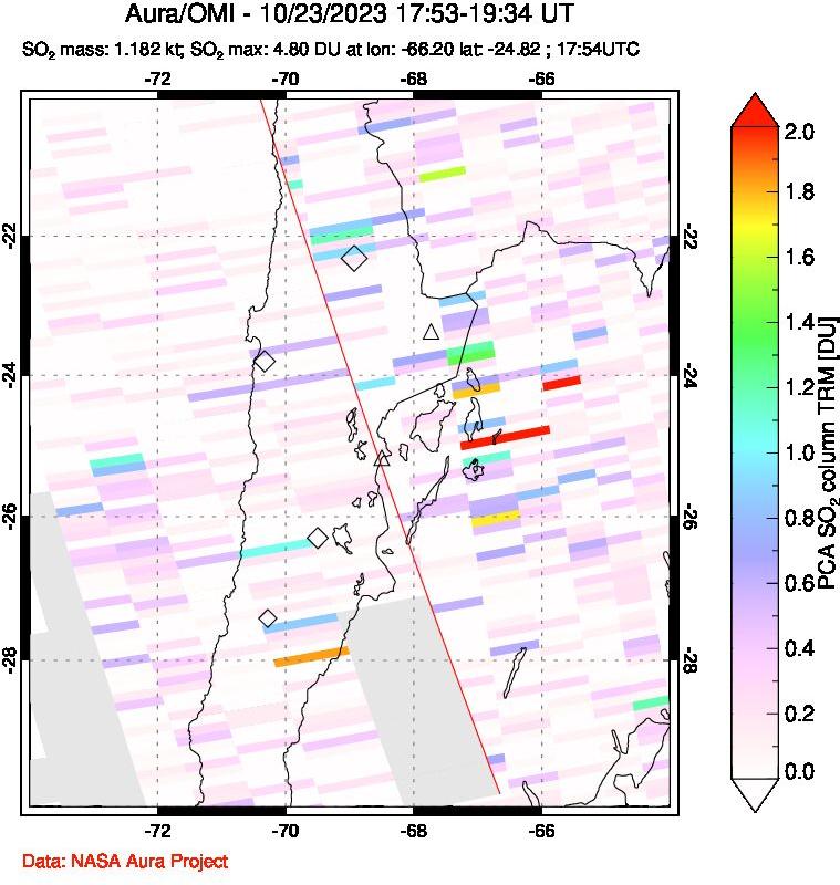 A sulfur dioxide image over Northern Chile on Oct 23, 2023.