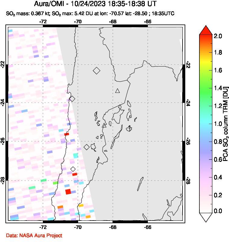 A sulfur dioxide image over Northern Chile on Oct 24, 2023.