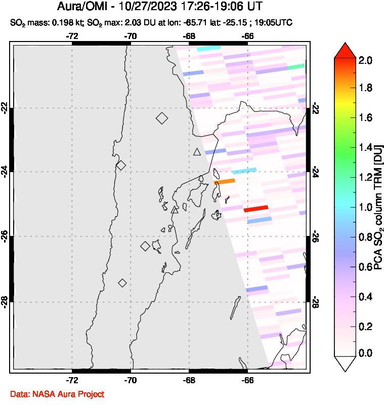 A sulfur dioxide image over Northern Chile on Oct 27, 2023.