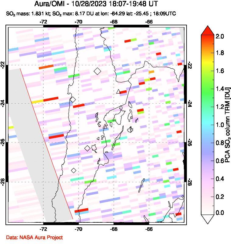 A sulfur dioxide image over Northern Chile on Oct 28, 2023.