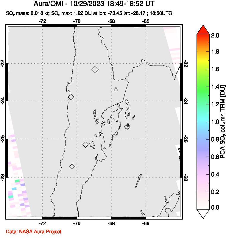 A sulfur dioxide image over Northern Chile on Oct 29, 2023.