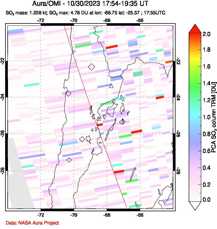 A sulfur dioxide image over Northern Chile on Oct 30, 2023.