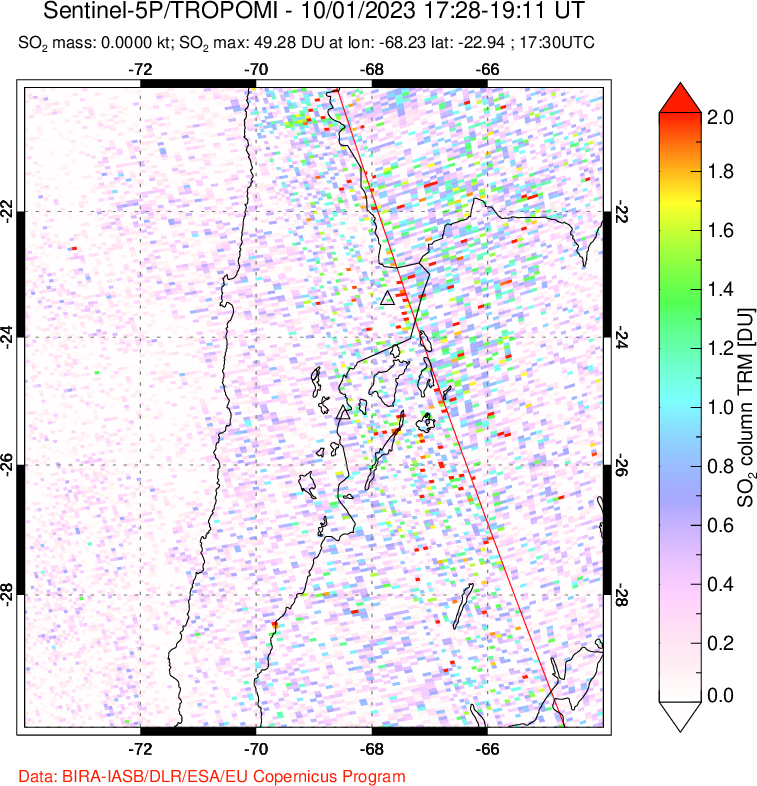 A sulfur dioxide image over Northern Chile on Oct 01, 2023.