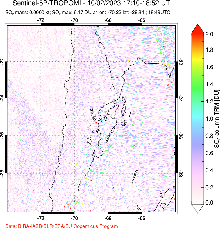 A sulfur dioxide image over Northern Chile on Oct 02, 2023.