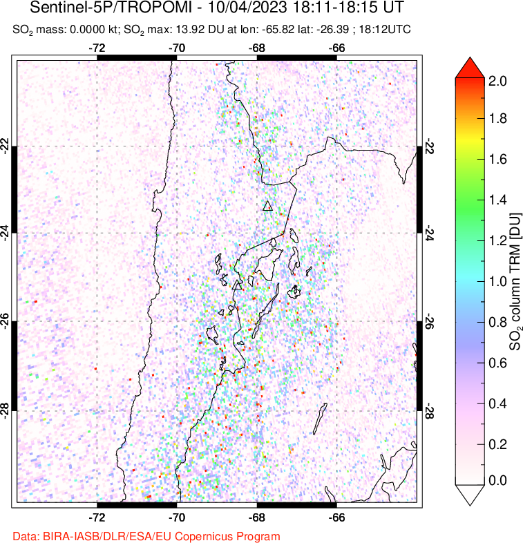 A sulfur dioxide image over Northern Chile on Oct 04, 2023.