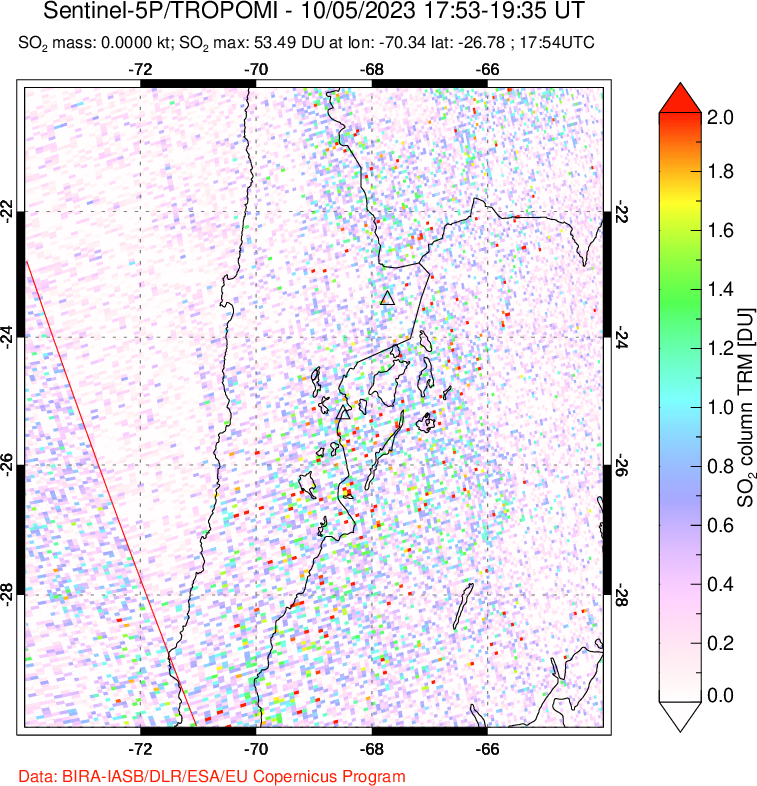 A sulfur dioxide image over Northern Chile on Oct 05, 2023.