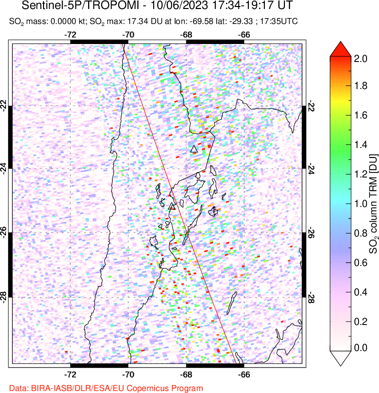 A sulfur dioxide image over Northern Chile on Oct 06, 2023.