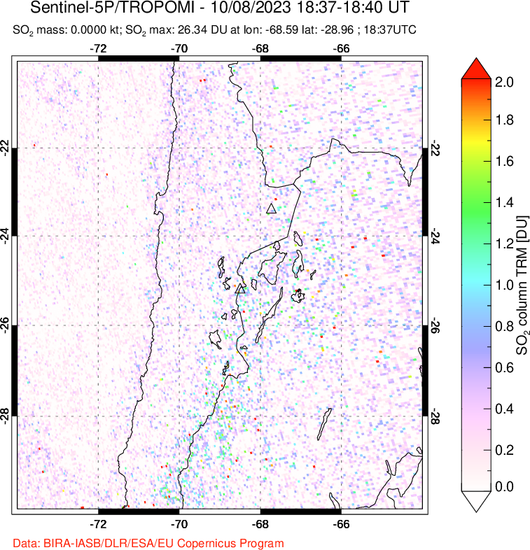 A sulfur dioxide image over Northern Chile on Oct 08, 2023.