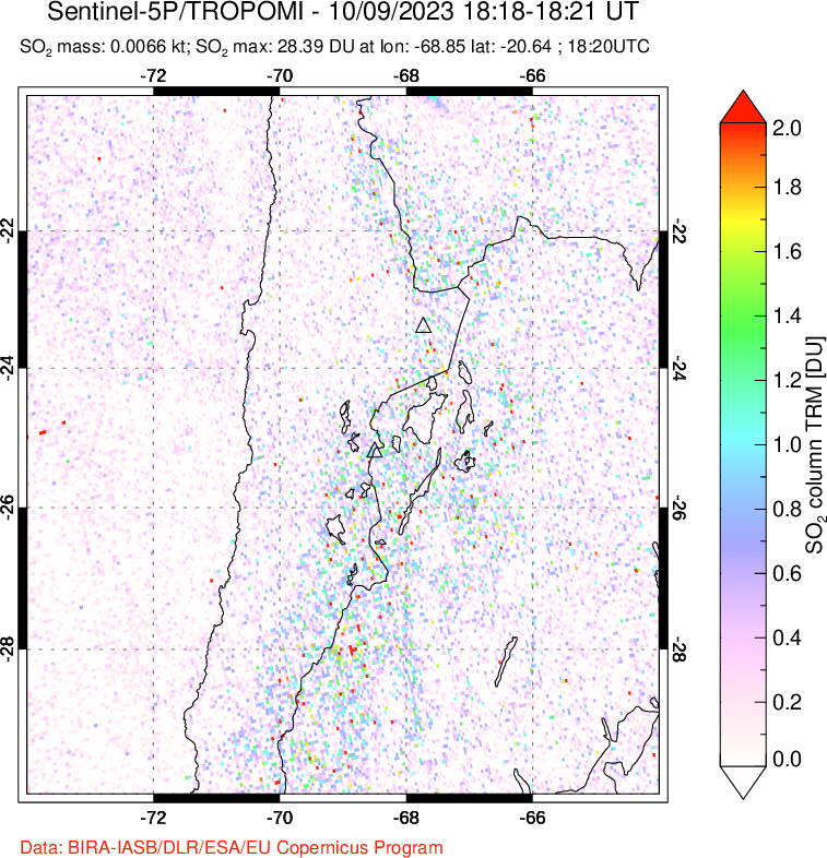 A sulfur dioxide image over Northern Chile on Oct 09, 2023.