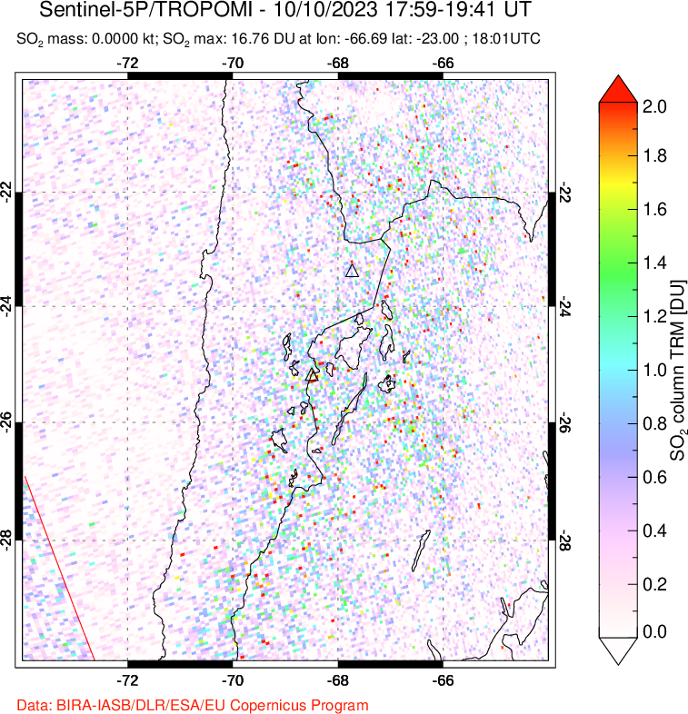 A sulfur dioxide image over Northern Chile on Oct 10, 2023.