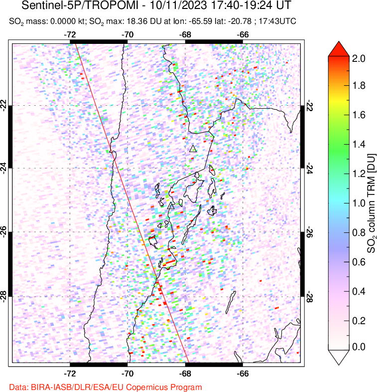 A sulfur dioxide image over Northern Chile on Oct 11, 2023.