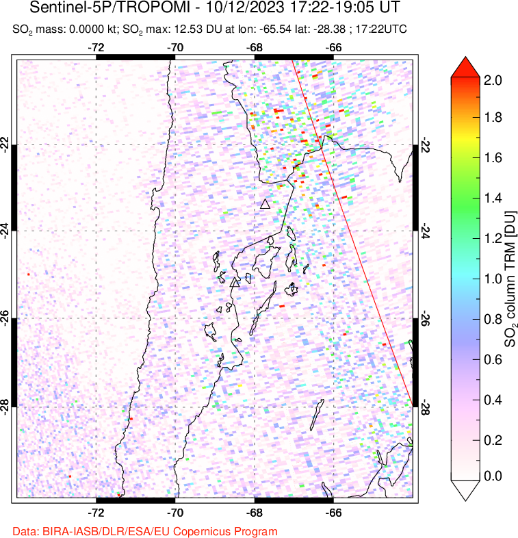 A sulfur dioxide image over Northern Chile on Oct 12, 2023.