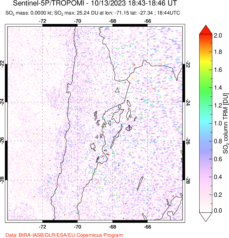 A sulfur dioxide image over Northern Chile on Oct 13, 2023.