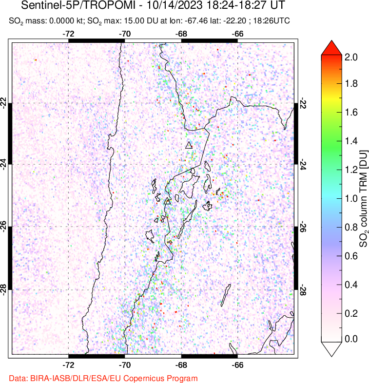 A sulfur dioxide image over Northern Chile on Oct 14, 2023.