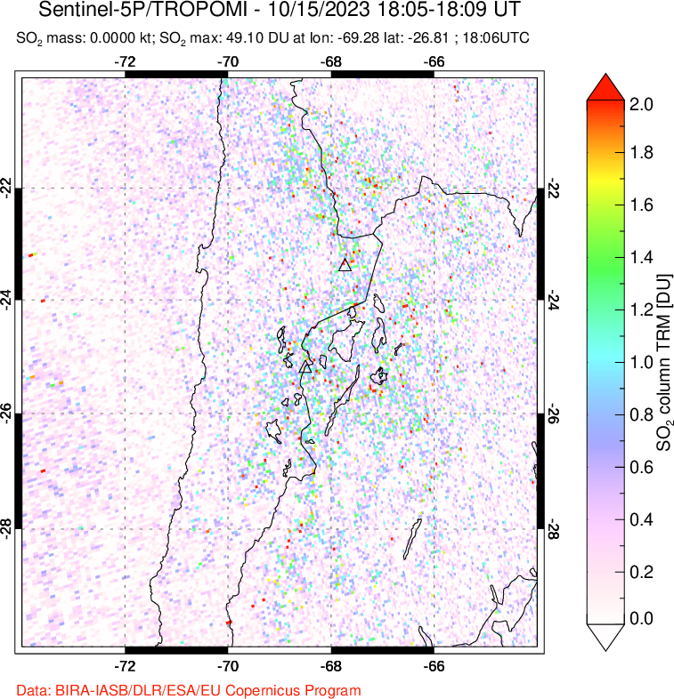 A sulfur dioxide image over Northern Chile on Oct 15, 2023.